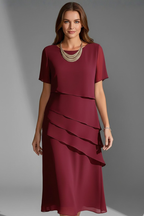 Zarelle | Short Sleeve Dress for Women - Layered Front Round Neck Straight Regular Fit-Dresses-Red-S-Camoufit