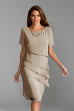 Zarelle | Short Sleeve Dress for Women - Layered Front Round Neck Straight Regular Fit-Dresses-Khaki-S-Camoufit