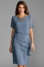 Zarelle | Short Sleeve Dress for Women - Layered Front Round Neck Straight Regular Fit-Dresses-Blue-S-Camoufit