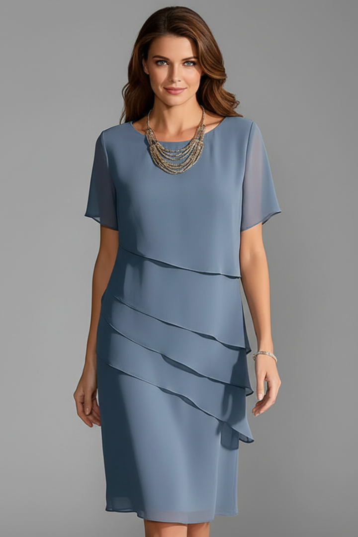 Zarelle | Short Sleeve Dress for Women - Layered Front Round Neck Straight Regular Fit-Dresses-Blue-S-Camoufit