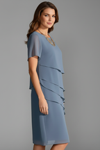 Zarelle | Short Sleeve Dress for Women - Layered Front Round Neck Straight Regular Fit-Dresses-Blue-S-Camoufit