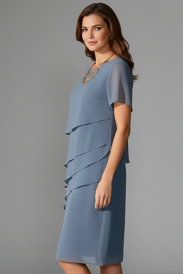 Zarelle | Short Sleeve Dress for Women - Layered Front Round Neck Straight Regular Fit-Dresses-Blue-S-Camoufit