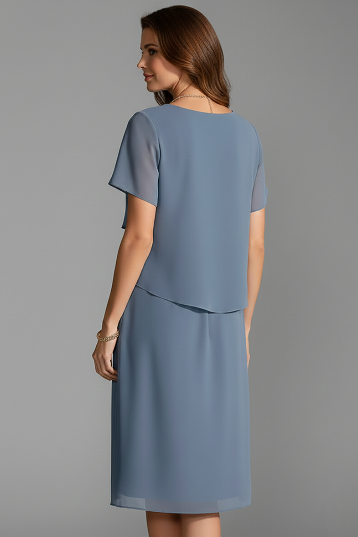 Zarelle | Short Sleeve Dress for Women - Layered Front Round Neck Straight Regular Fit-Dresses-Blue-S-Camoufit