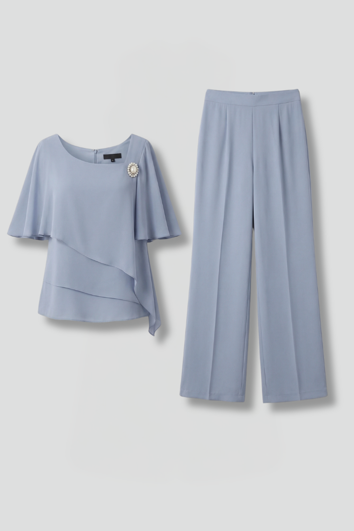 Elyra | Two Piece Set for Women - Layered Top Straight Leg Trousers Elegant Regular Fit-Women's Two Piece Sets-Blue-S-Camoufit