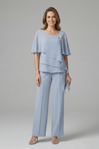 Elyra | Two Piece Set for Women - Layered Top Straight Leg Trousers Elegant Regular Fit-Women's Two Piece Sets-Blue-S-Camoufit