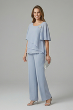 Elyra | Two Piece Set for Women - Layered Top Straight Leg Trousers Elegant Regular Fit-Women's Two Piece Sets-Blue-S-Camoufit