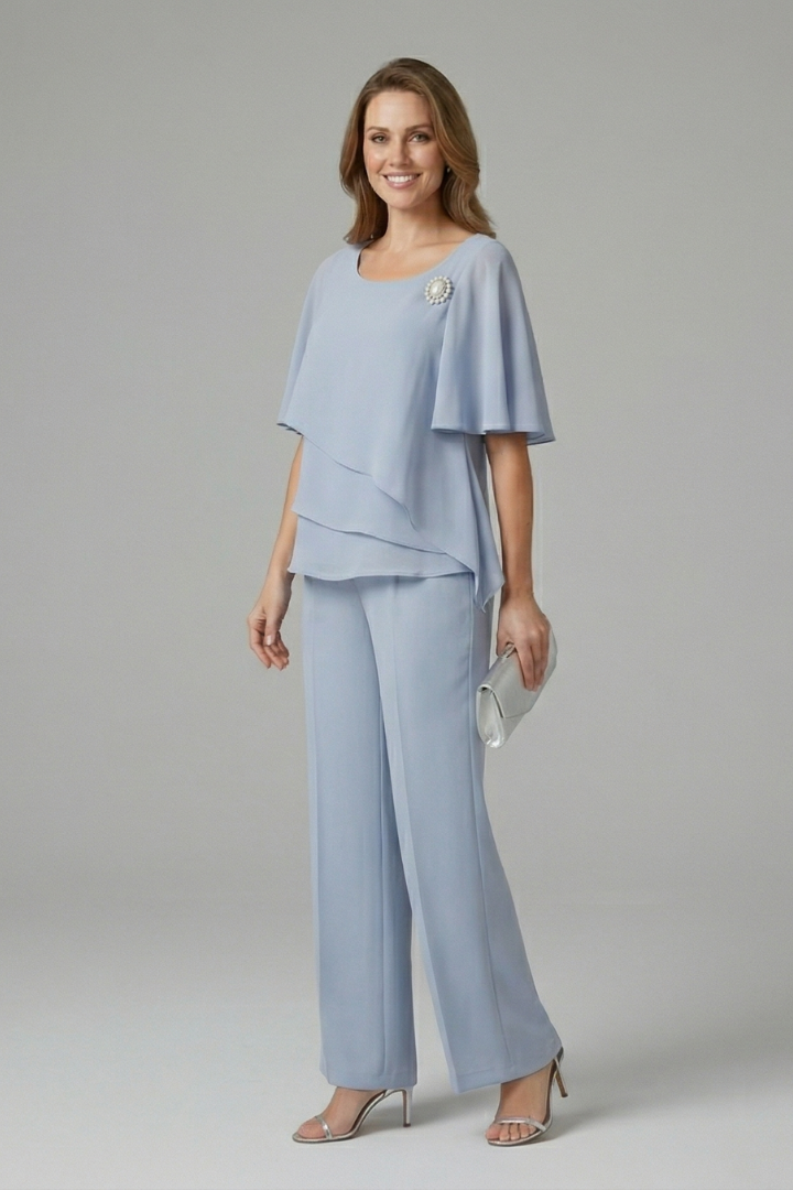Elyra | Two Piece Set for Women - Layered Top Straight Leg Trousers Elegant Regular Fit-Women's Two Piece Sets-Blue-S-Camoufit