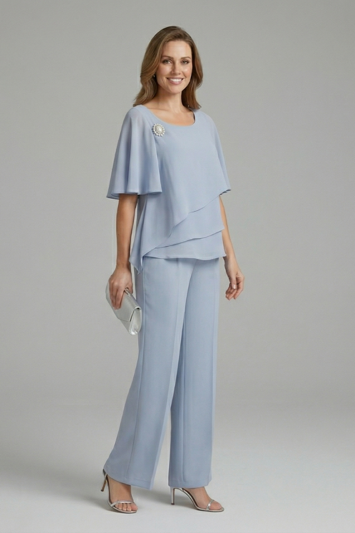 Elyra | Two Piece Set for Women - Layered Top Straight Leg Trousers Elegant Regular Fit-Women's Two Piece Sets-Blue-S-Camoufit