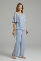 Elyra | Two Piece Set for Women - Layered Top Straight Leg Trousers Elegant Regular Fit-Women's Two Piece Sets-Blue-S-Camoufit