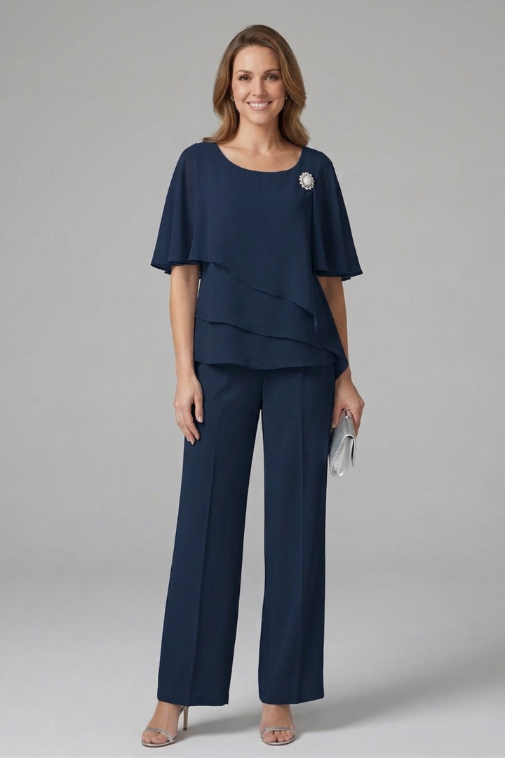 Elyra | Two Piece Set for Women - Layered Top Straight Leg Trousers Elegant Regular Fit-Women's Two Piece Sets-Navy Blue-S-Camoufit
