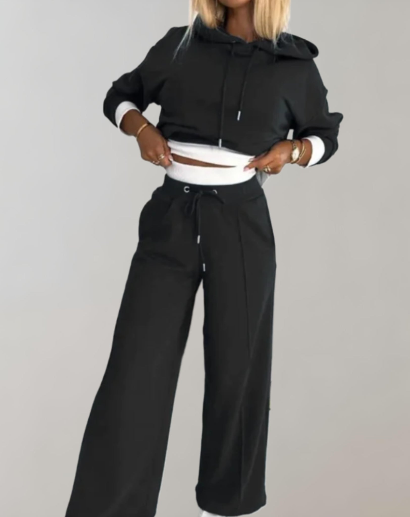 Women's Hoodie Tracksuit Set – Wide Leg Relaxed Lounge Fit-Women's Two Piece Sets-Black-S-