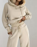 Women's Hoodie Tracksuit Set – Wide Leg Relaxed Lounge Fit-Women's Two Piece Sets-Beige-S-