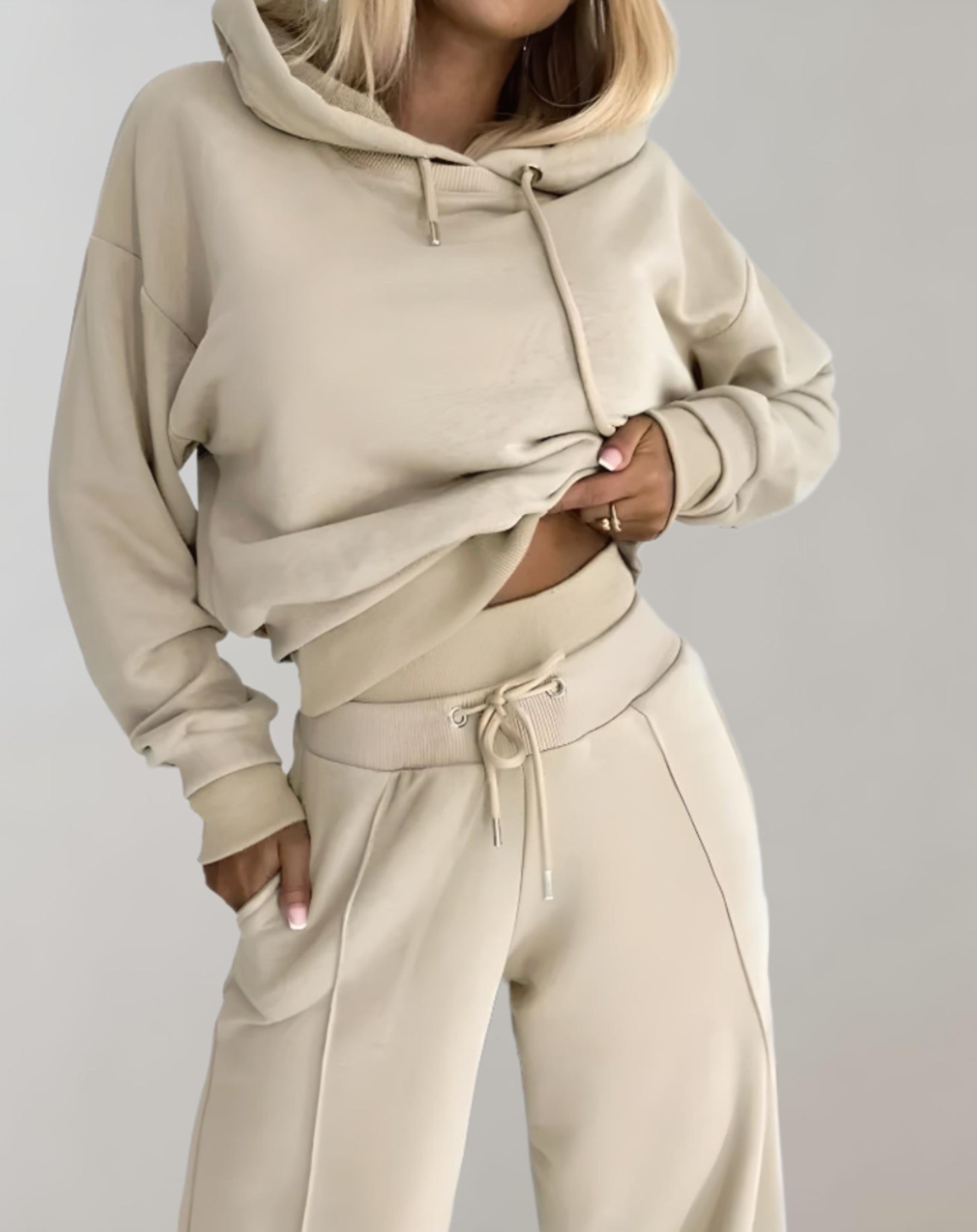 Women's Hoodie Tracksuit Set – Wide Leg Relaxed Lounge Fit-Women's Two Piece Sets-Beige-S-
