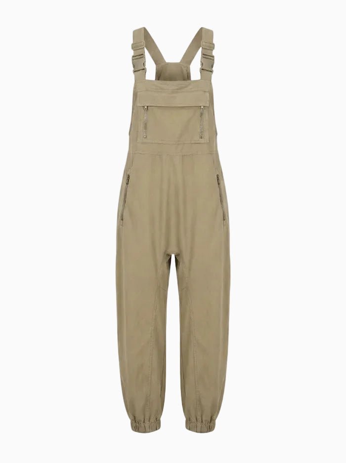 Women's Cargo Overalls With Zippered Pockets-Jumpsuits & Overalls-CAMOUFIT-Khaki-S-Camoufit
