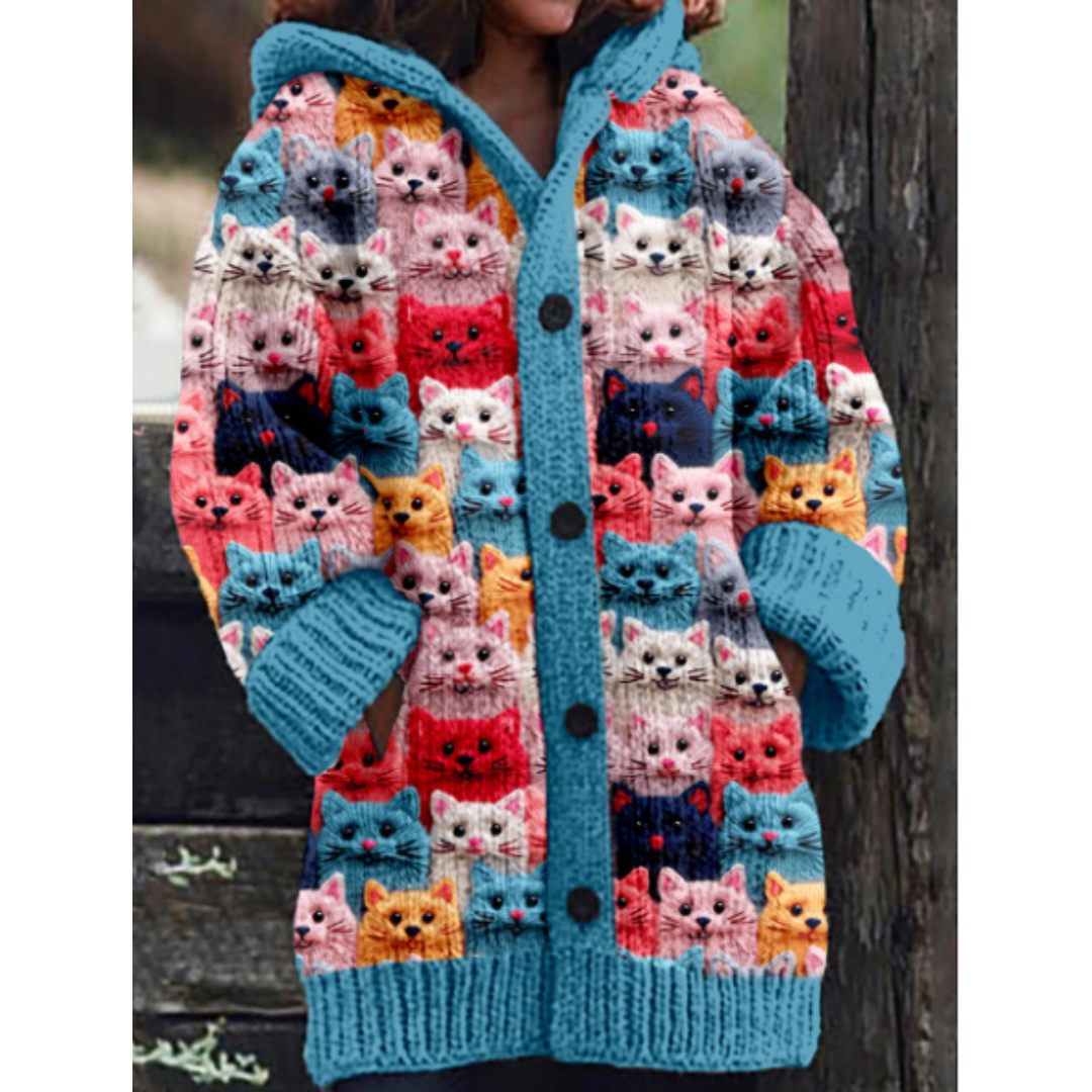 Mila | Cat Hooded Cardigan Women Button Down Cozy Knit-Women's Winter Cardigan-Blue-S-Camoufit