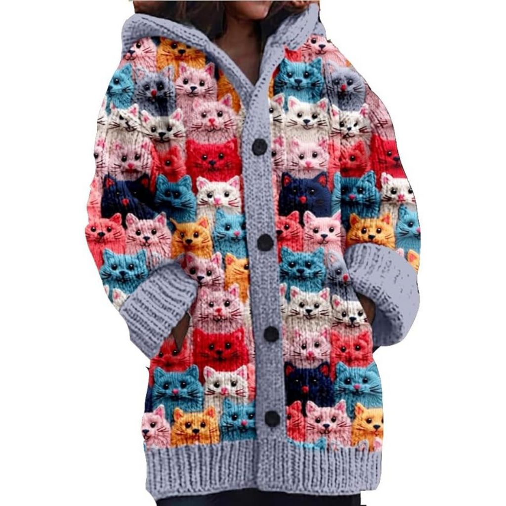 Mila | Cat Hooded Cardigan Women Button Down Cozy Knit-Women's Winter Cardigan-Grey-S-Camoufit