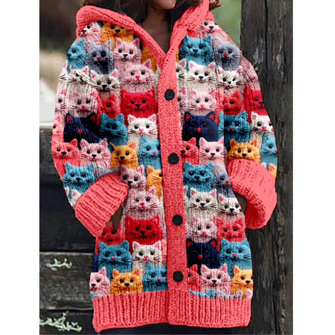 Mila | Cat Hooded Cardigan Women Button Down Cozy Knit-Women's Winter Cardigan-Pink-S-Camoufit