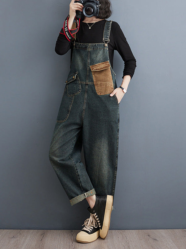 Women's Contrast Washed Denim Overalls 1