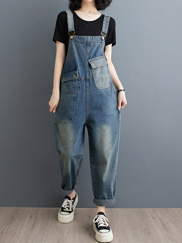Women's Contrast Washed Denim Overalls 10