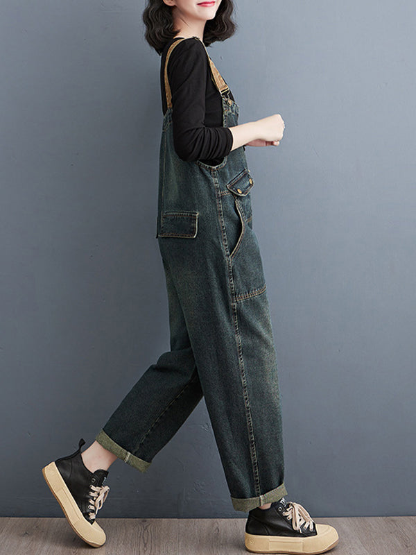 Women's Contrast Washed Denim Overalls 2