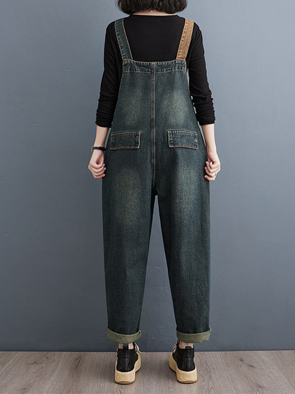 Women's Contrast Washed Denim Overalls 3