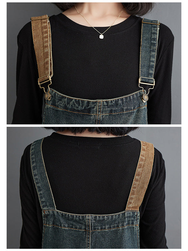 Women's Contrast Washed Denim Overalls 5
