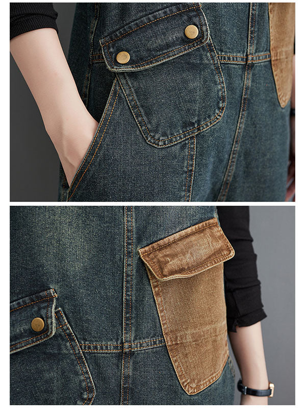 Women's Contrast Washed Denim Overalls 6