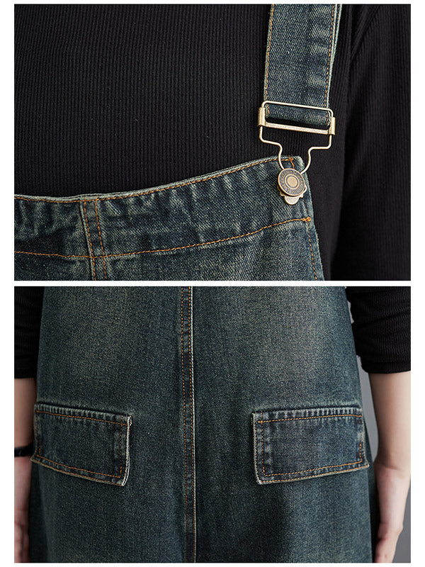 Women's Contrast Washed Denim Overalls 7