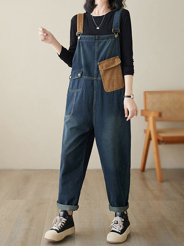 Women's Contrast Washed Denim Overalls 8