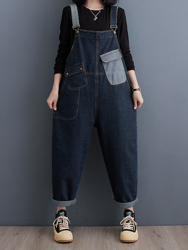 Women's Contrast Washed Denim Overalls 9