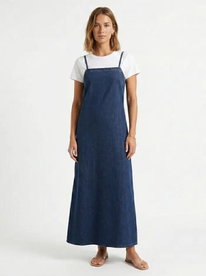 Women’s Denim Jumper Dress with Adjustable Strap-Overall Dresses-CAMOUFIT-Blue-2XS-Camoufit