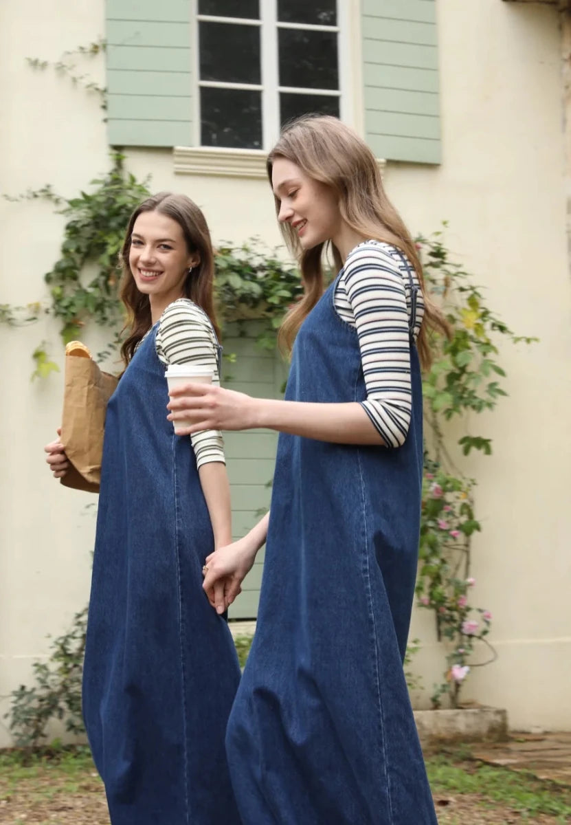 Women’s Denim Jumper Dress with Adjustable Strap-Overall Dresses-CAMOUFIT-Blue-2XS-Camoufit