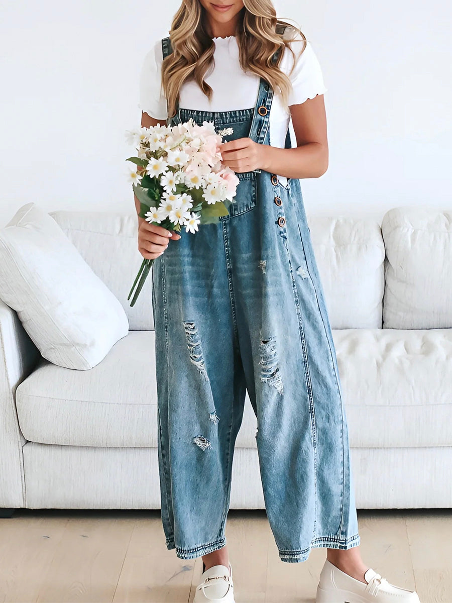 Women's Distressed Denim Overalls Cotton 2