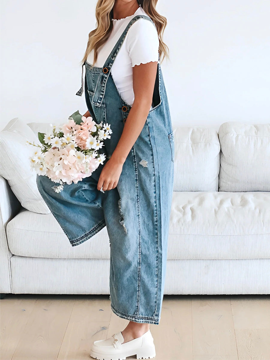 Women's Distressed Denim Overalls Cotton 4