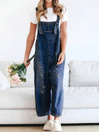 Women's Distressed Denim Overalls Cotton-Jumpsuits & Overalls-CAMOUFIT-Dark Blue-S-Camoufit