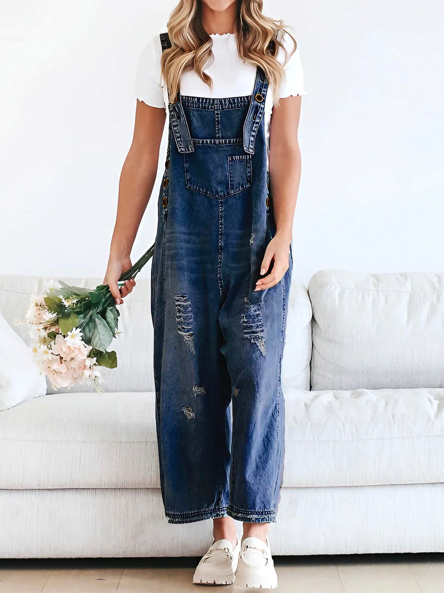 Women's Distressed Denim Overalls Cotton-Jumpsuits & Overalls-CAMOUFIT-Dark Blue-S-Camoufit