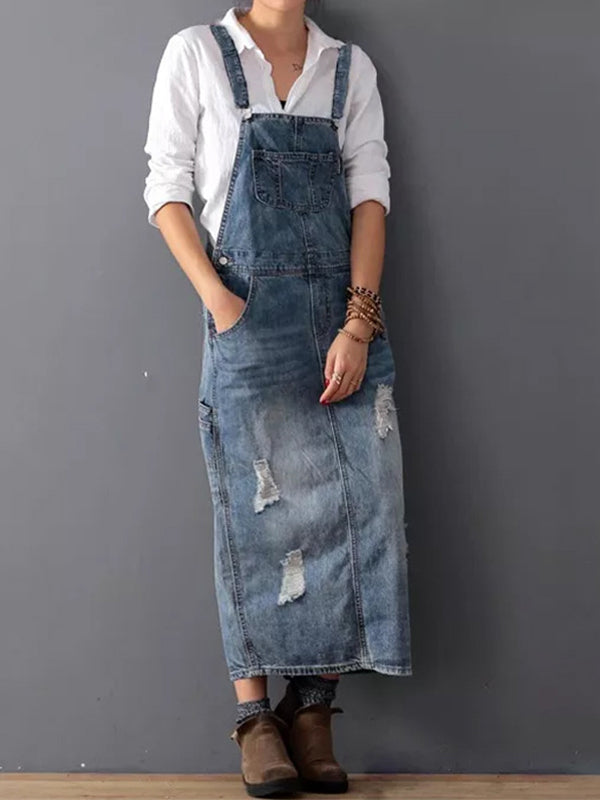 Women's Distressed Denim Overalls Dress Cotton 0