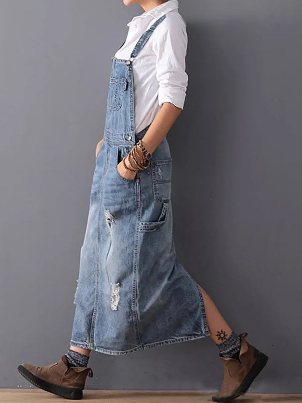 Women's Distressed Denim Overalls Dress Cotton 1