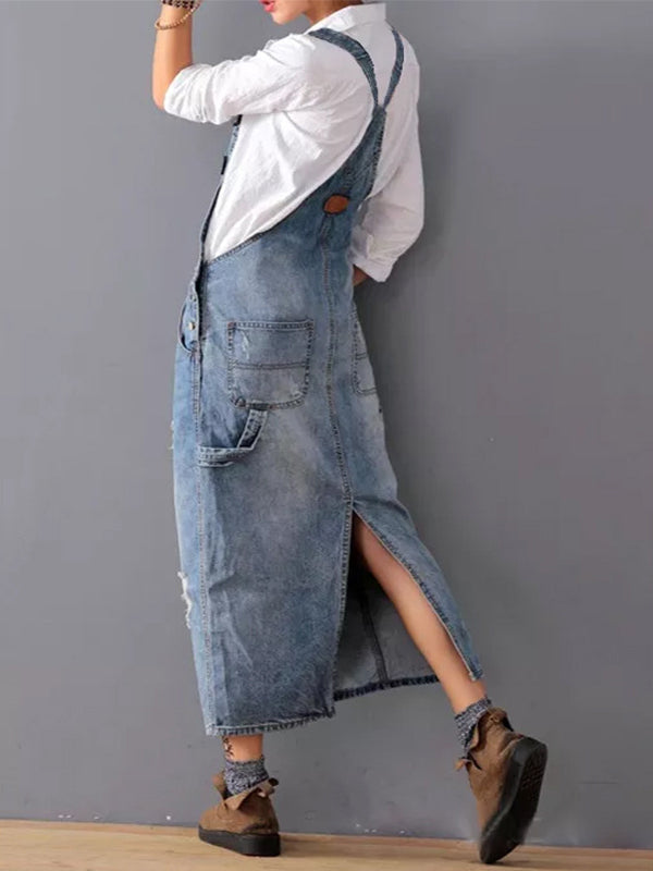 Women's Distressed Denim Overalls Dress Cotton 2