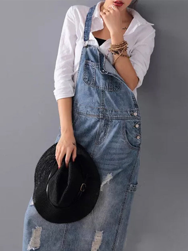 Women's Distressed Denim Overalls Dress Cotton 3