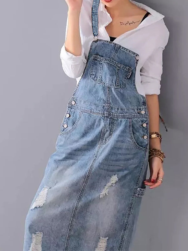 Women's Distressed Denim Overalls Dress Cotton 4
