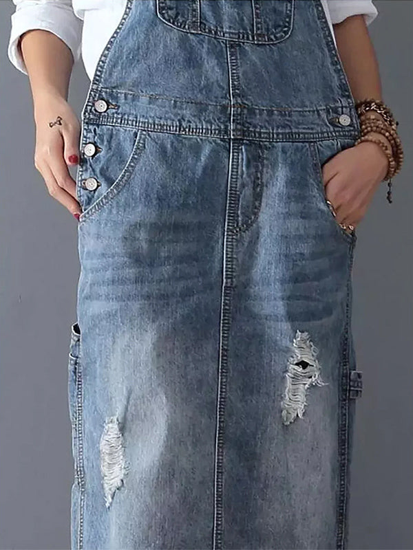 Women's Distressed Denim Overalls Dress Cotton 6