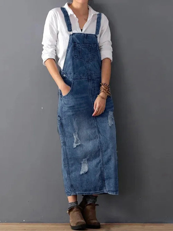 Women's Distressed Denim Overalls Dress Cotton 7