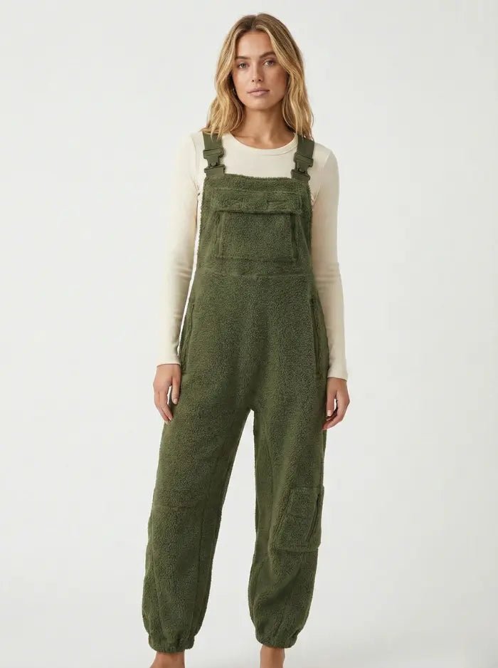 Women's Fleece Thermal Overalls With Zippered Pockets-Jumpsuits & Overalls-CAMOUFIT-Khaki-S-Camoufit