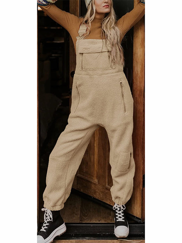 Women's Fleece Thermal Overalls With Zippered Pockets 0