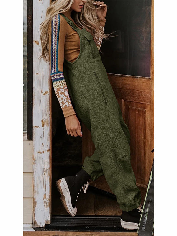 Women's Fleece Thermal Overalls With Zippered Pockets 3