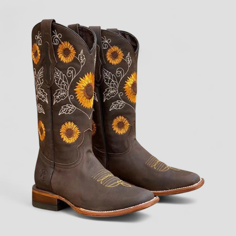 Calyra | Cowgirl Boots for Women – Floral Embroidered Block Heel Fit-Women's Cowboy Boots-Dark Brown-4-Camoufit