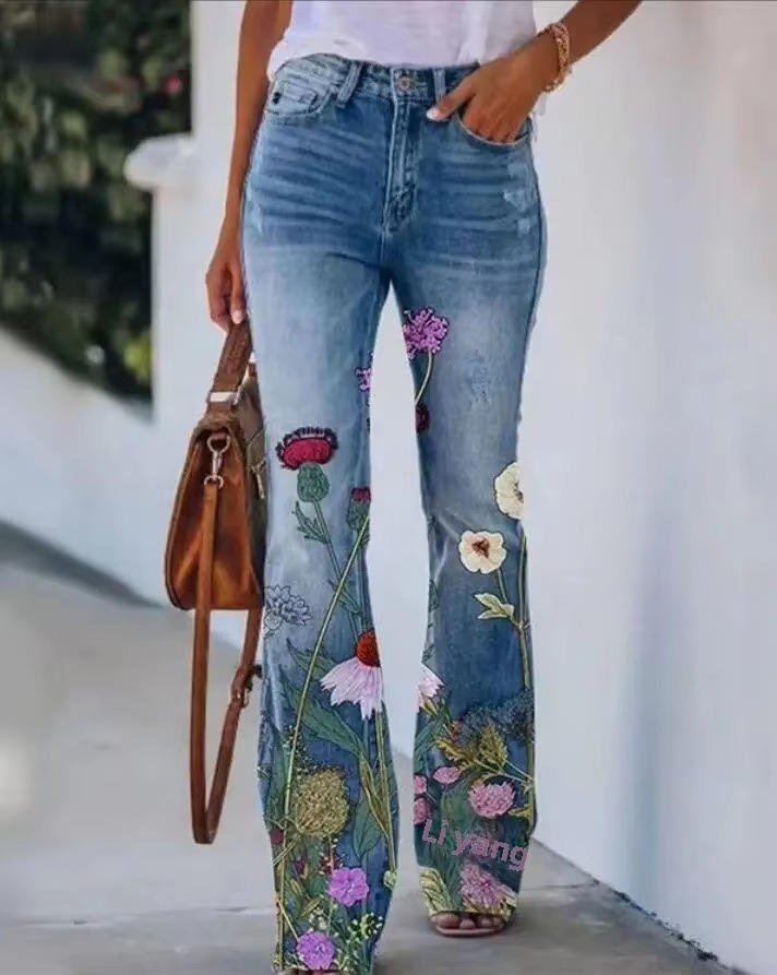 Rosavie | Floral Jeans for Women – Cotton Blend Relaxed Fit-Women's Jeans-Pastel Flowers-S-Camoufit