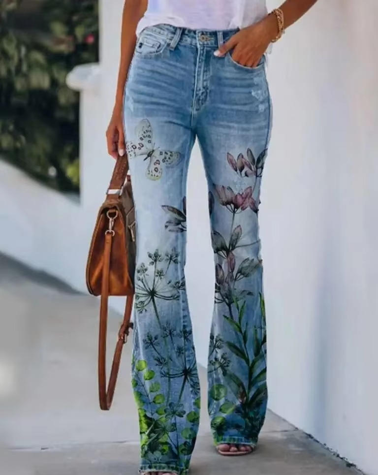 Rosavie | Floral Jeans for Women – Cotton Blend Relaxed Fit-Women's Jeans-Green Flowers-S-Camoufit