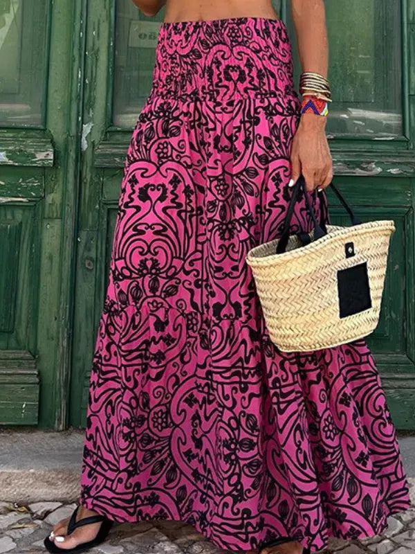 Roséa | Floral Maxi Skirt for Women - Boho Smocked Waist Flowy Printed Summer Elegant Fit-Women's Skirt-Pink-S-Camoufit